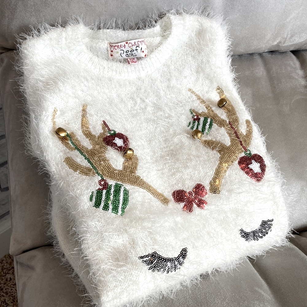 Girls Christmas Sweater, reindeer with bells, Ugly Sweater Sz. L